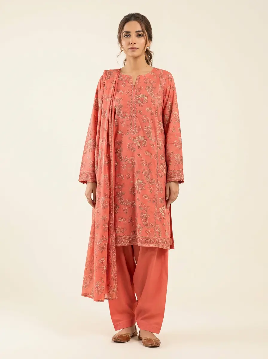 Coral Printed Lawn Suit