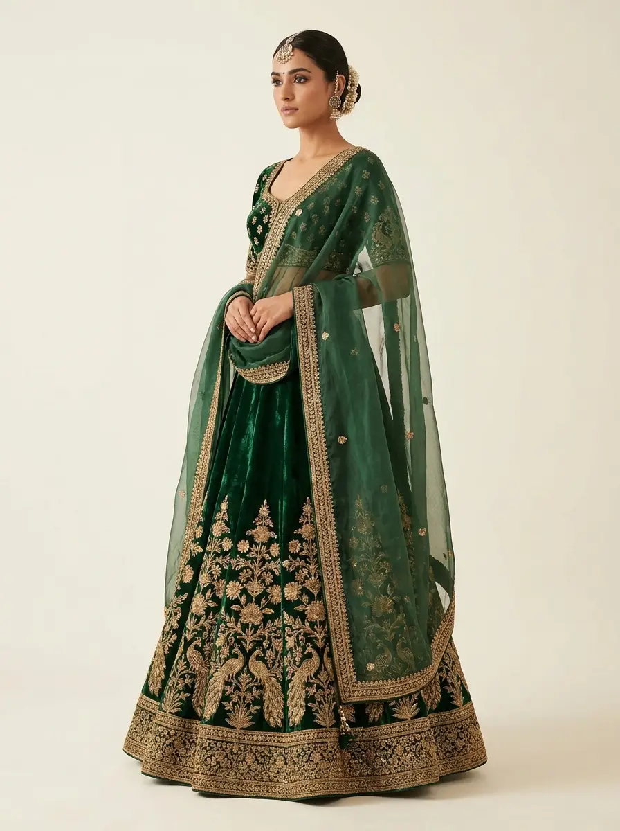 Forest Green Velvet Lehenga